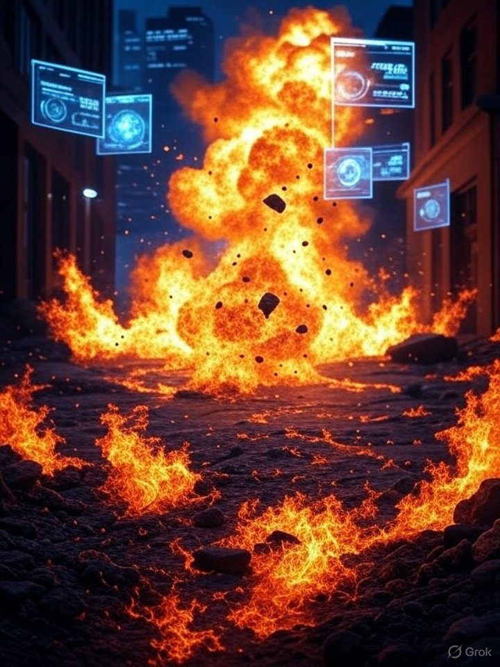 Explosión en una calle de la ciudad con llamas, humo y pantallas holográficas futuristas.